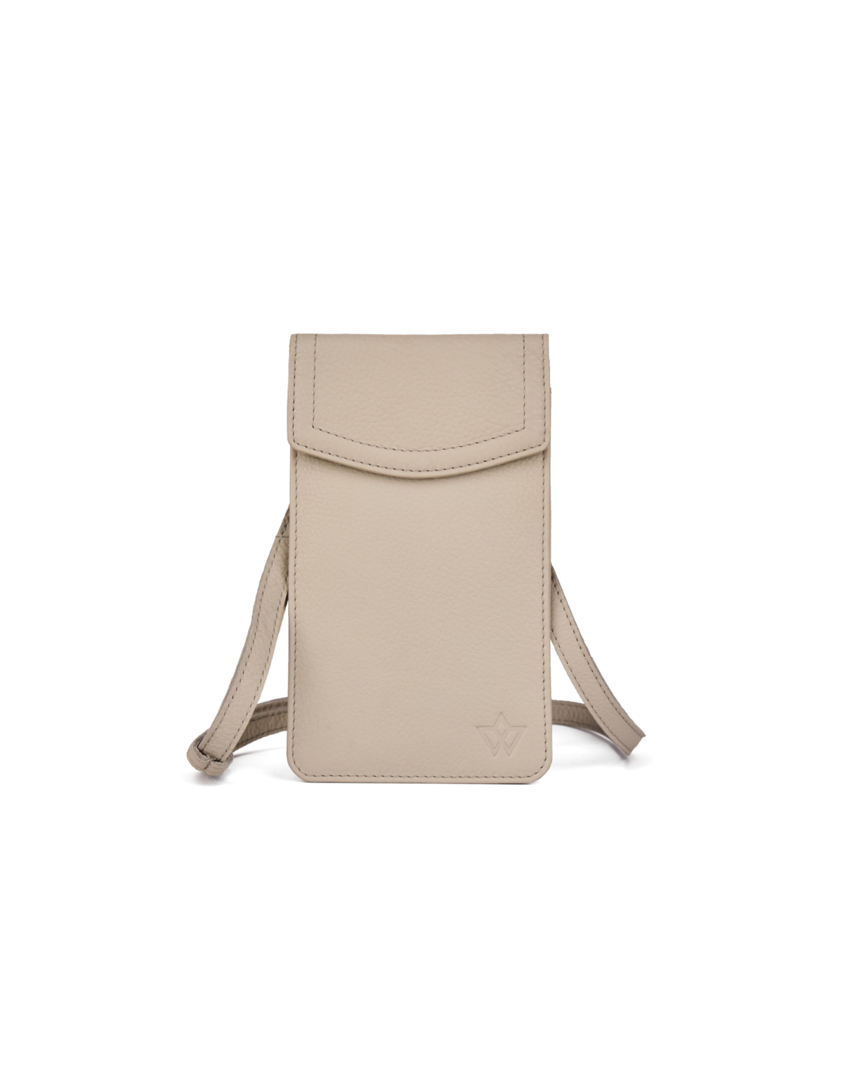 A light beige leather crossbody phone pouch with a small embossed logo on the bottom right, shown against a plain white background.