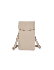 A light beige leather crossbody phone pouch with a small embossed logo on the bottom right, shown against a plain white background.