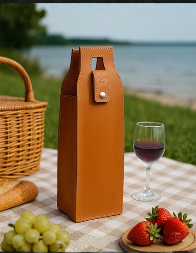 A tan leather wine bottle carrier stands on a checkered picnic blanket outdoors by the water, with a wicker basket, bread, green grapes, strawberries, and a glass of red wine nearby.