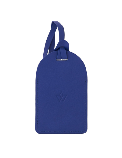 A royal blue silicone luggage tag with a matching strap and a small embossed logo on the front, shown against a plain white background.