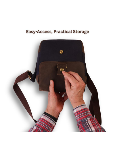 A navy and brown canvas shoulder bag with a person's hands opening the front flap, demonstrating easy-access practical storage. The text 'Easy-Access, Practical Storage' is displayed above the product on a white background.