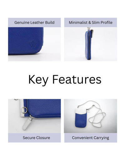 A product feature infographic for a blue leather key pouch, showing four panels labeled 'Genuine Leather Build', 'Minimalist & Slim Profile', 'Secure Closure', and 'Convenient Carrying' on a white background.