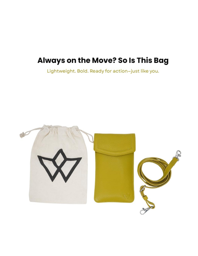 A yellow leather pouch with a matching yellow detachable shoulder strap and silver clasp, shown alongside a cream canvas drawstring bag with a black geometric logo. Above the products, text reads 'Always on the Move? So Is This Bag' with a subtitle about it being lightweight and ready for action.