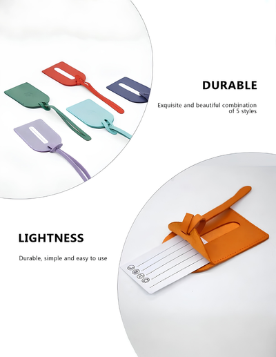 Three reusable luggage tags in different colors (green, red, and purple) shown in a circular inset labeled 'DURABLE', and an orange version holding a white boarding pass shown in another circular inset labeled 'LIGHTNESS'.