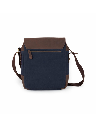 A navy blue canvas crossbody bag with brown leather trim and a matching brown shoulder strap, shown against a plain white background.