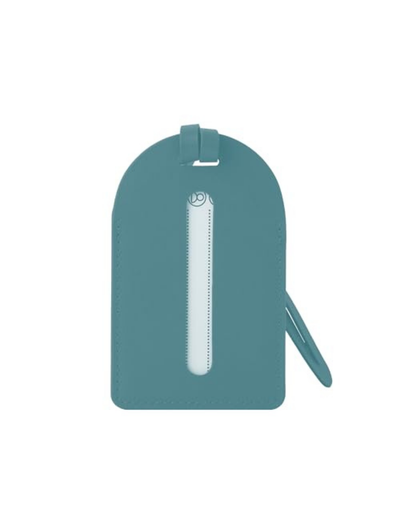 A teal blue leather luggage tag with a vertical white zipper and a matching wristlet strap, shown on a plain white background.