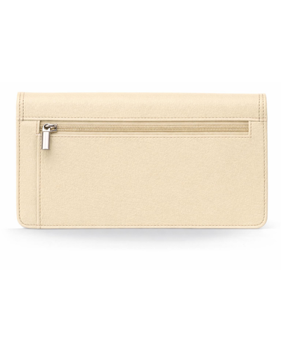 A cream-colored faux leather wallet with a horizontal zippered pocket and a silver-tone zipper pull, shown against a plain white background.
