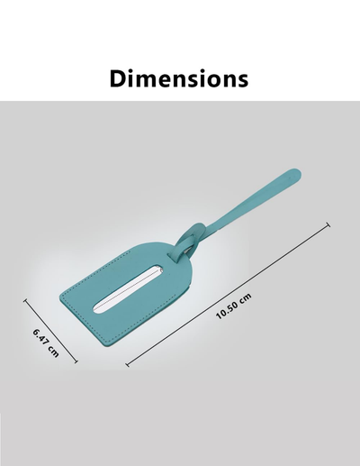 A teal luggage tag with a white cutout in the center, shown with dimension lines and labels indicating 6.47 cm width, 10.
