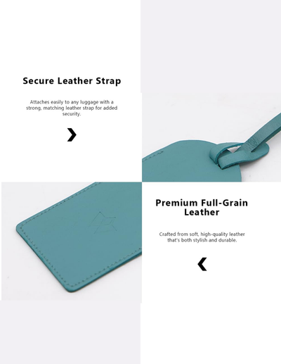 A teal leather luggage tag strap and matching tag shown on a white background with feature callouts reading 'Secure Leather Strap' and 'Premium Full-Grain Leather'.