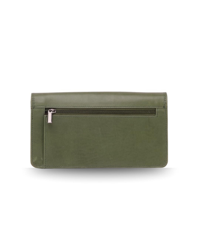 An olive green leather clutch wallet with a horizontal zippered pocket on the front, shown against a plain white background.