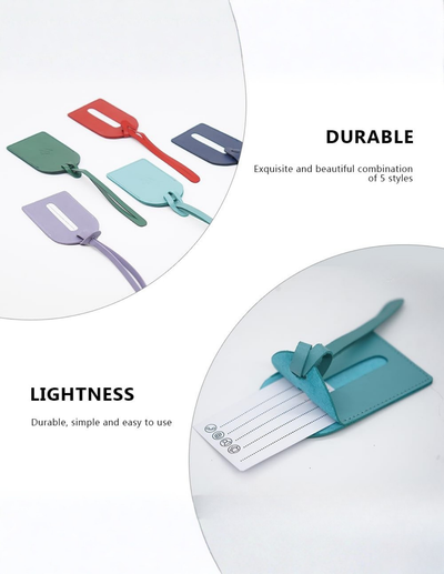 A set of five reusable luggage tags in different colors (green, red, blue, purple, and teal) displayed on a white background with promotional text highlighting their durability and lightness.