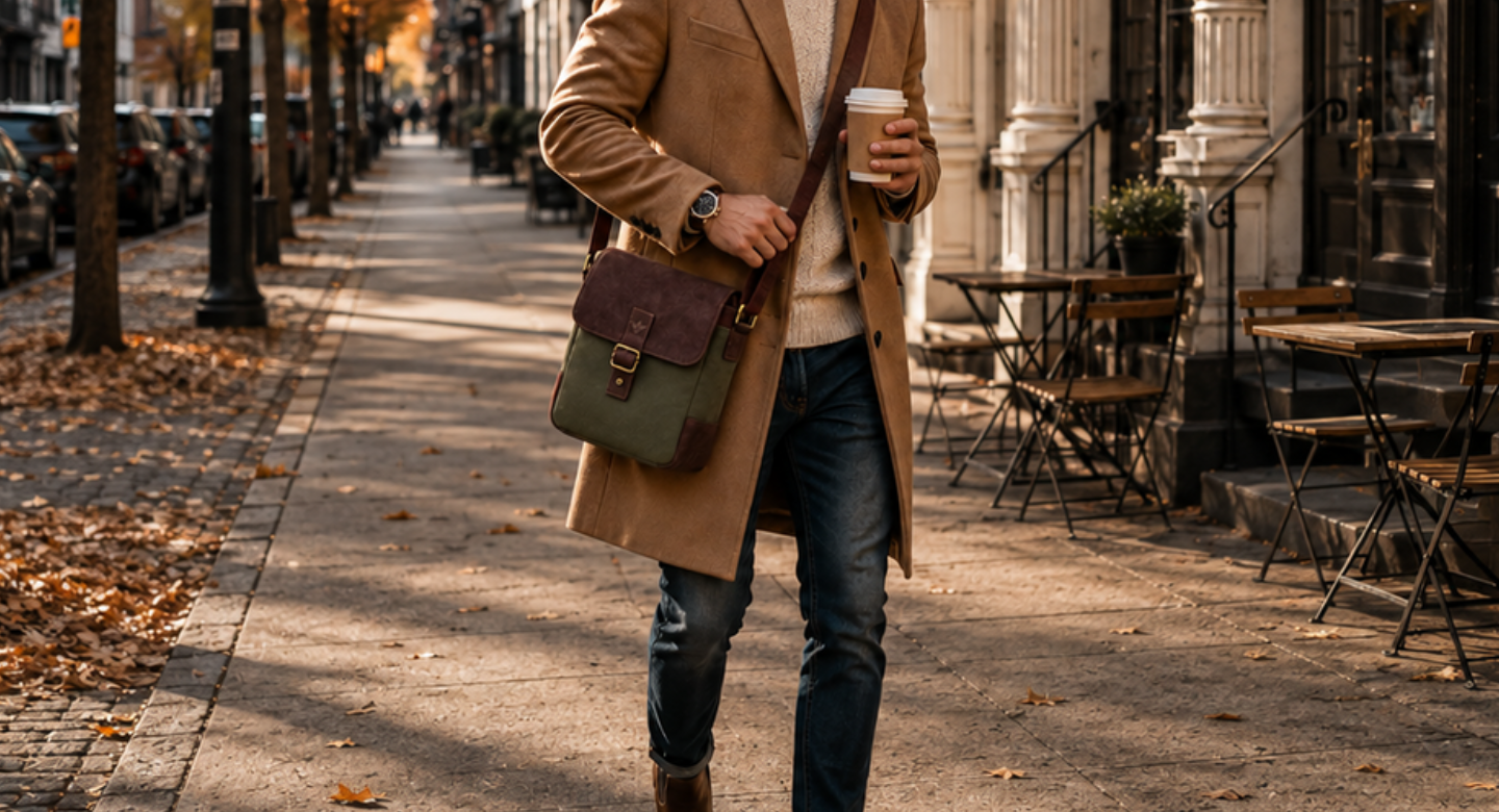 A man walking on a city sidewalk wearing a tan coat and carrying a green and brown leather messenger bag over his shoulder, holding a takeaway coffee cup.