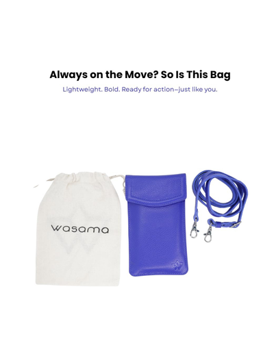 A white drawstring dust bag with 'wasama' printed on it, a bright blue zippered pouch, and a matching blue lanyard strap, displayed on a white background with promotional text above.