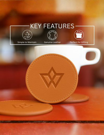 Three round tan leather coasters with an embossed geometric logo, displayed on a warm red-brown surface with a white mug in the background. A semi-transparent 'KEY FEATURES' banner overlays the top, listing simple to maintain, genuine leather, and perfect for gifting.