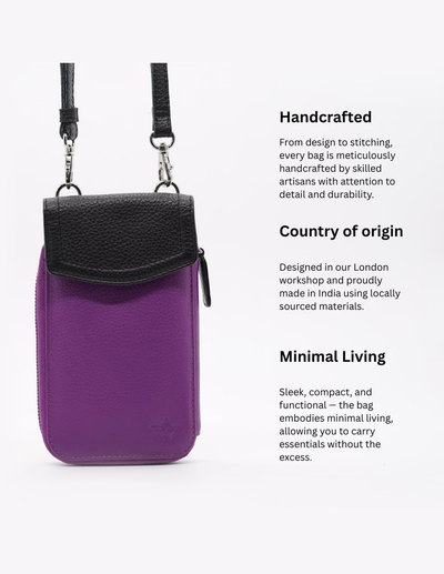 Purple and black crossbody phone pouch with a black strap, shown next to descriptive text highlighting its handcrafted quality, Indian origin, and minimalist design on a white background.