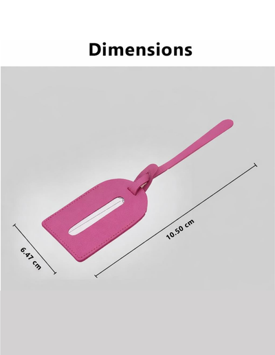 A pink luggage tag shown on a light gray background with dimension lines and text indicating measurements of 6.47 cm by 10.