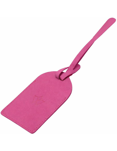 A bright pink leather luggage tag with a matching strap, featuring an embossed LV monogram on the front, set against a plain white background.