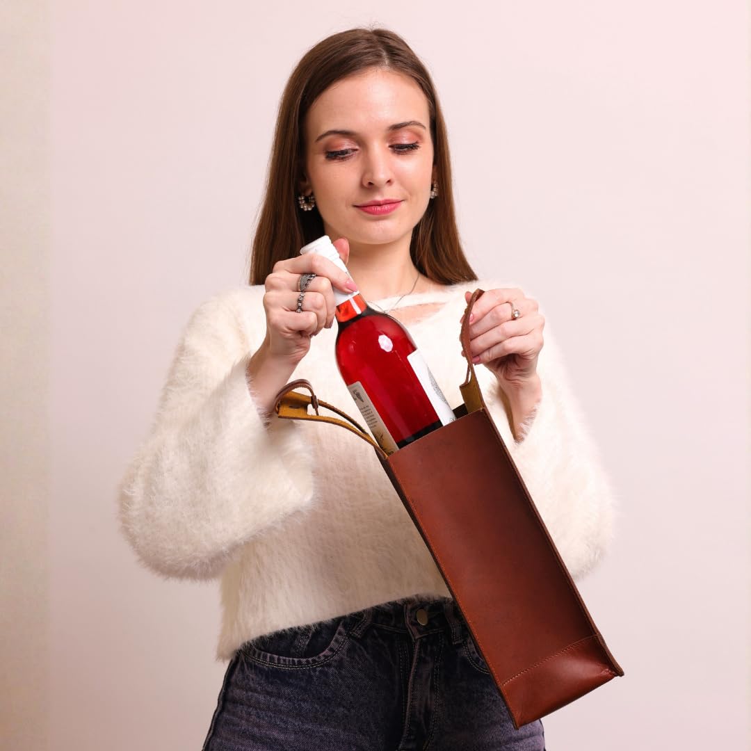 Genuine Leather Wine Bag | Wine Bottle Holder, Wine Bottle Carry Bag | Portable, Reusable Gift Case