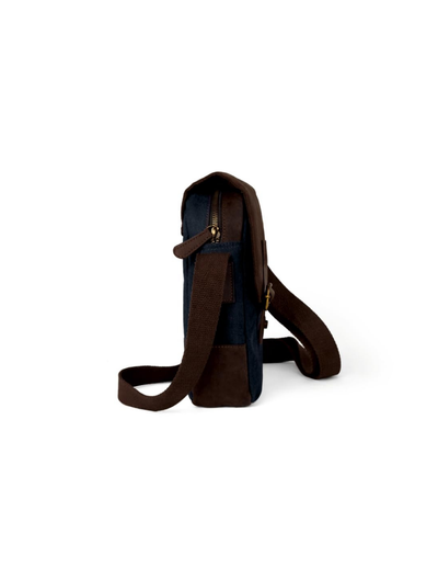 A dark brown and navy blue crossbody bag with a matching brown shoulder strap, shown from a side profile view against a plain white background.