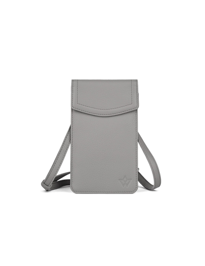 A light gray leather crossbody phone pouch with a matching adjustable shoulder strap and a subtle embossed star logo near the bottom right, shown against a plain white background.