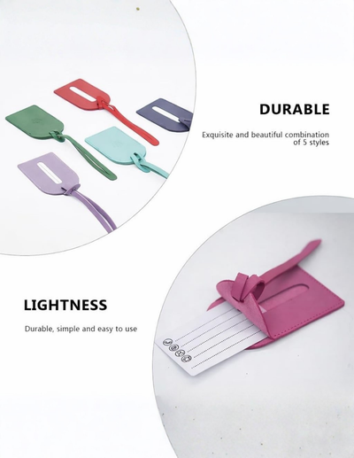 Three reusable luggage tags in green, red, and purple are shown in a top circular inset, with text calling out durability and a pink tag in a bottom circular inset showing lightweight use with a boarding pass.