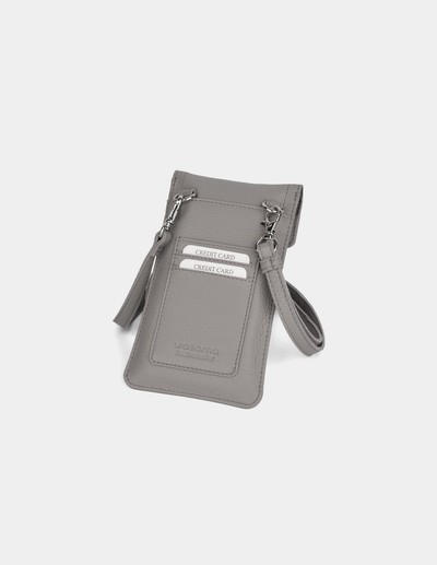 A light gray faux-leather card holder and phone pouch with a wrist strap, featuring two card slots with silver metal clips and a debossed logo on the front pocket.