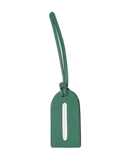 A green leather luggage tag with a matching wrist strap and a vertical silver-tone metal loop, shown on a plain white background.