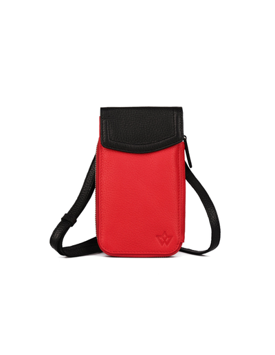 A red and black crossbody phone pouch with a textured black flap and a black adjustable strap, shown on a plain white background.