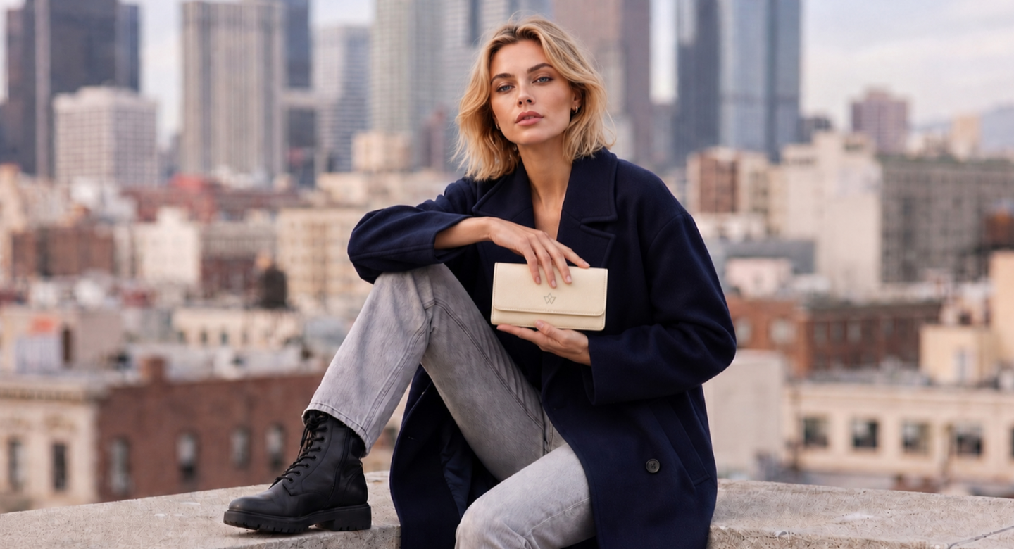 A woman sits on a rooftop ledge with a city skyline in the background, wearing a navy blue coat, light gray jeans, and black lace-up boots while holding a beige clutch bag.