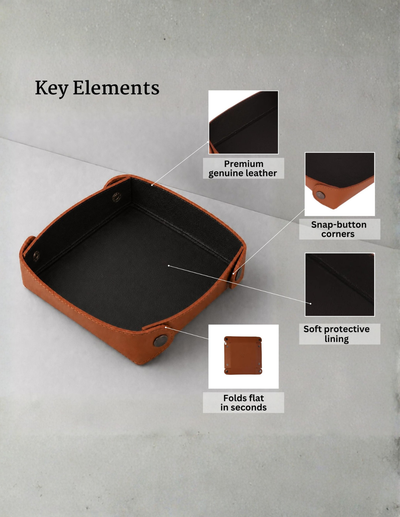 A brown leather storage box shown on a light gray background with callout labels pointing to key features: premium genuine leather, snap-button corners, soft protective lining, and folding capability.