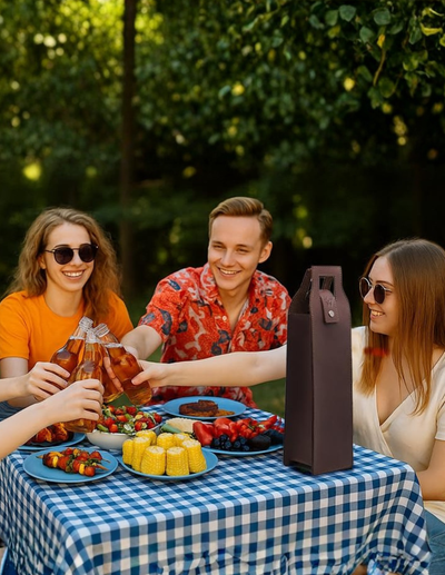 Three young women and a man sitting around a picnic table outdoors, sharing food and drinking from a bottle, with a dark brown paper gift bag standing on the table in front of them. The background is a lush green park.