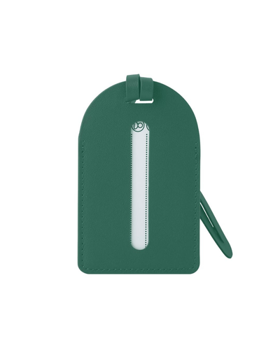 A dark green leather luggage tag with a vertical white zipper, a top loop, and a small side tag, shown on a plain white background.