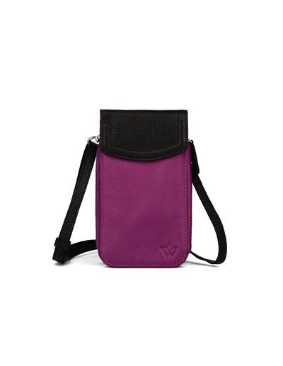 A small crossbody phone pouch in purple and black, featuring a textured black flap and a black adjustable shoulder strap, shown on a plain white background.
