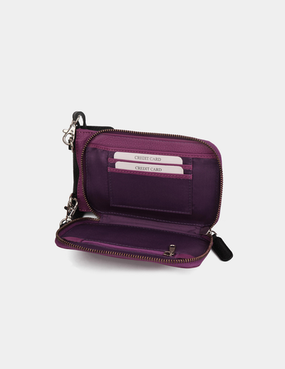 A purple zip-around wallet shown open, displaying its interior card slots, credit card pockets, and black-and-silver hardware against a light gray background.