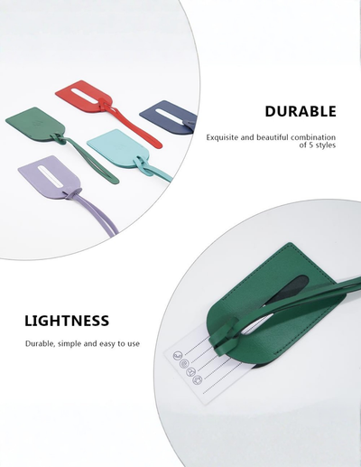 A set of five colorful luggage tags in green, red, blue, purple, and light blue, displayed with descriptive text highlighting their durability and lightness.
