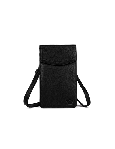 A black pebbled leather crossbody phone pouch with a small embossed logo on the bottom right, shown on a plain white background.