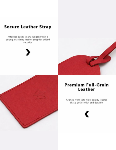 A red leather luggage tag shown in a four-panel infographic layout with text highlighting features: 'Secure Leather Strap,' 'Premium Full-Grain Leather,' and a close-up of the strap attachment.