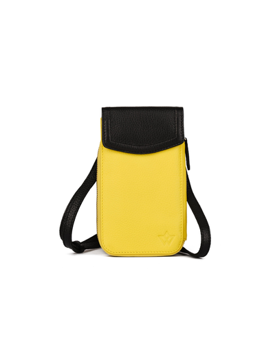 A small yellow and black crossbody phone pouch with a black strap, shown against a plain white background.