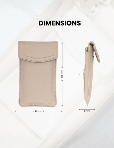 A beige phone pouch shown from two angles with overlaid dimension labels reading 90 mm by 90 mm and a side profile of 5 mm, under the heading DIMENSIONS.