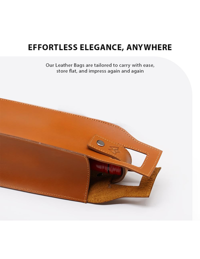 A tan leather bag strap or accessory shown on a white background with promotional text above reading 'EFFORTLESS ELEGANCE, ANYWHERE' and smaller copy about leather bags being tailored to carry, store flat, and impress again and again.