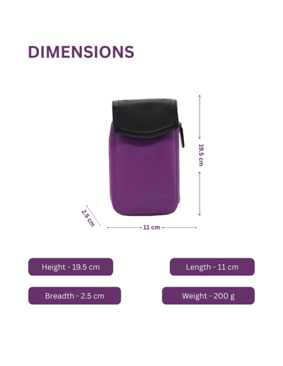 Purple and black zippered pouch with dimension annotations showing height, breadth, and length on a white background.