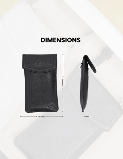 A black leather phone pouch shown from front and side views with overlaid dimension arrows and labels reading 90 mm, 50 mm, and 5 mm, under the heading DIMENSIONS.