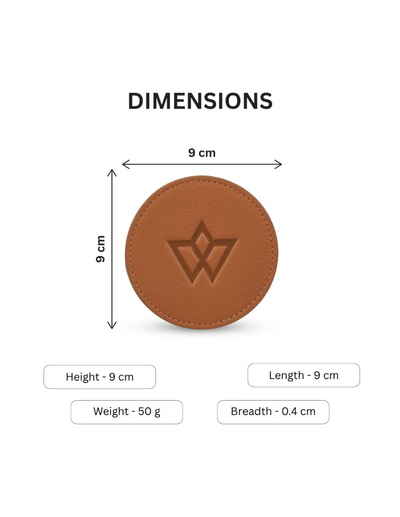A brown circular leather item centered on a white background with dimension arrows and labels showing 9 cm height, 9 cm length, and 0.4 cm breadth, under the heading DIMENSIONS.