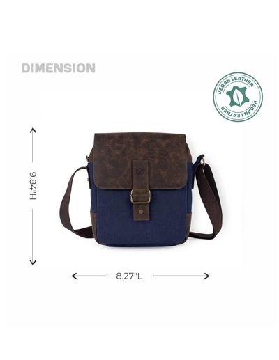 A navy blue and brown messenger bag shown on a white background with dimension arrows indicating 8.27 inches wide by 9.