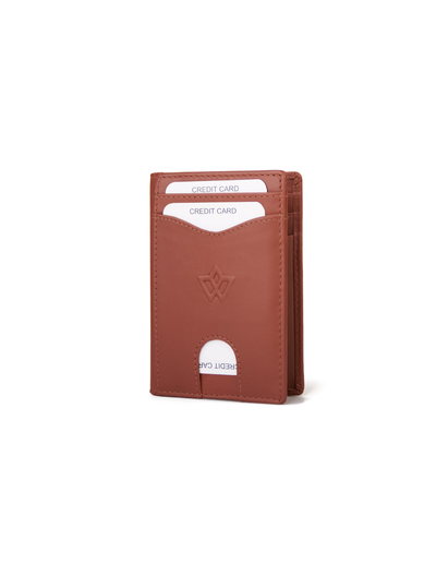 A brown leather card holder wallet with two card slots containing white sample credit cards, shown on a plain white background.