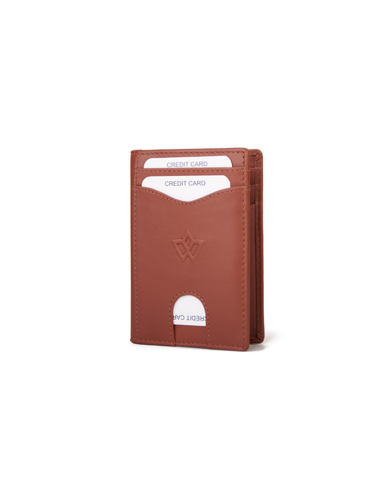 A brown leather card holder wallet with two card slots containing white sample credit cards, shown on a plain white background.