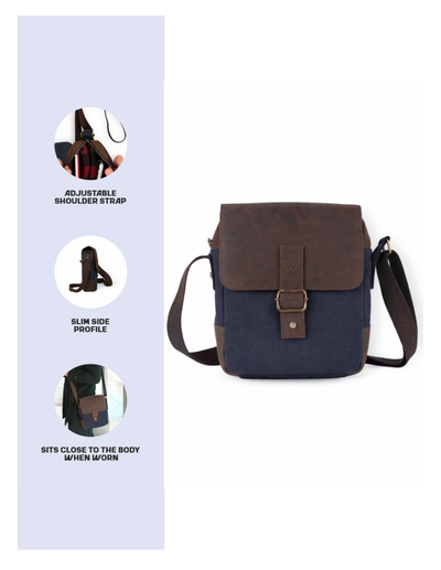 A navy blue and brown crossbody bag with an adjustable shoulder strap, shown on a white background with a light blue vertical panel on the left containing three feature callouts: adjustable shoulder strap, slim side profile, and sits close to the body when worn.