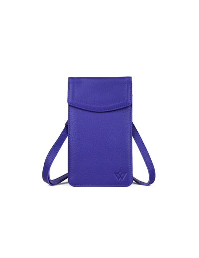 A vibrant purple pebbled leather crossbody phone pouch with a matching adjustable shoulder strap and a subtle embossed 'W' logo on the bottom right, shown against a plain white background.