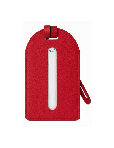 A red leather luggage tag with a vertical white window and a matching red loop strap, shown on a plain white background.