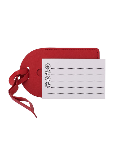A red leather luggage tag with a white paper insert card featuring black printed icons and dotted lines, complete with a red ribbon loop, shown on a plain white background.
